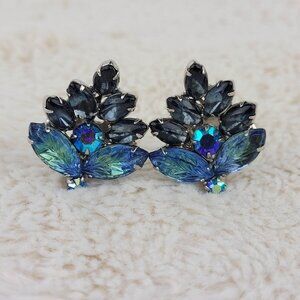 1950's Vintage Blue and Aurora Borealis Rhinestone Leaf Clip Earrings